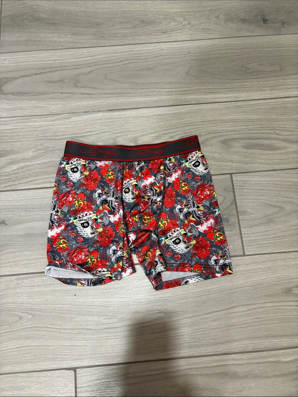 Ed Hardy Red and Gray Floral Skull Boxer Briefs
